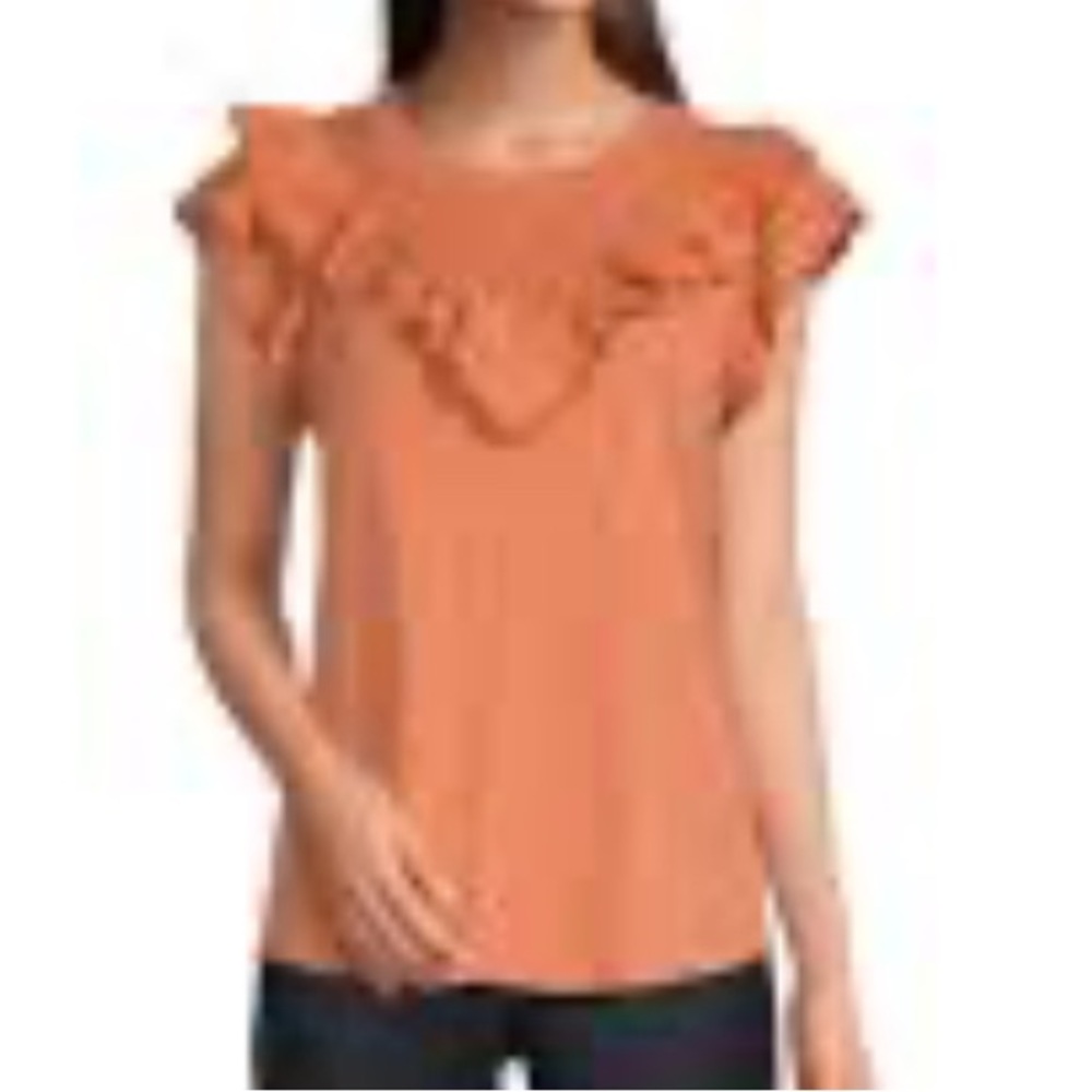 New Democracy Top Embroidery Eyelet Ruffle Sleeve PM Petite Medium Apricot Color